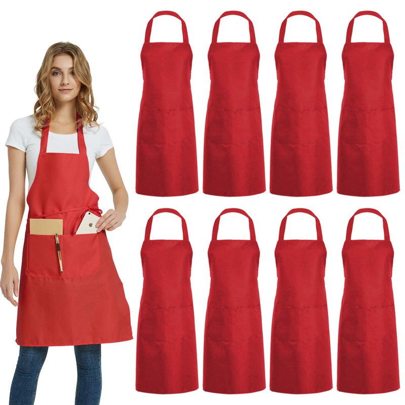 DUSKCOVE 8 Pack Bib Aprons Bulk - Unisex Red Commercial Apron with 2 Pockets for Kitchen Crafting BBQ Drawing Cooking - Image 1